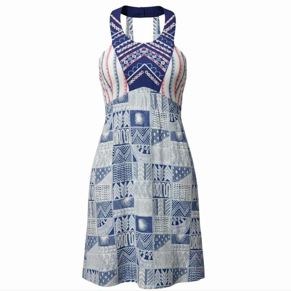 FLYING TOMATO | Blue White Boho Mixed Block Print Embroidered Halter Dress | M